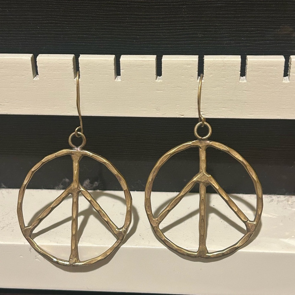 Gold Tone Peace Sign Dangle Earrings